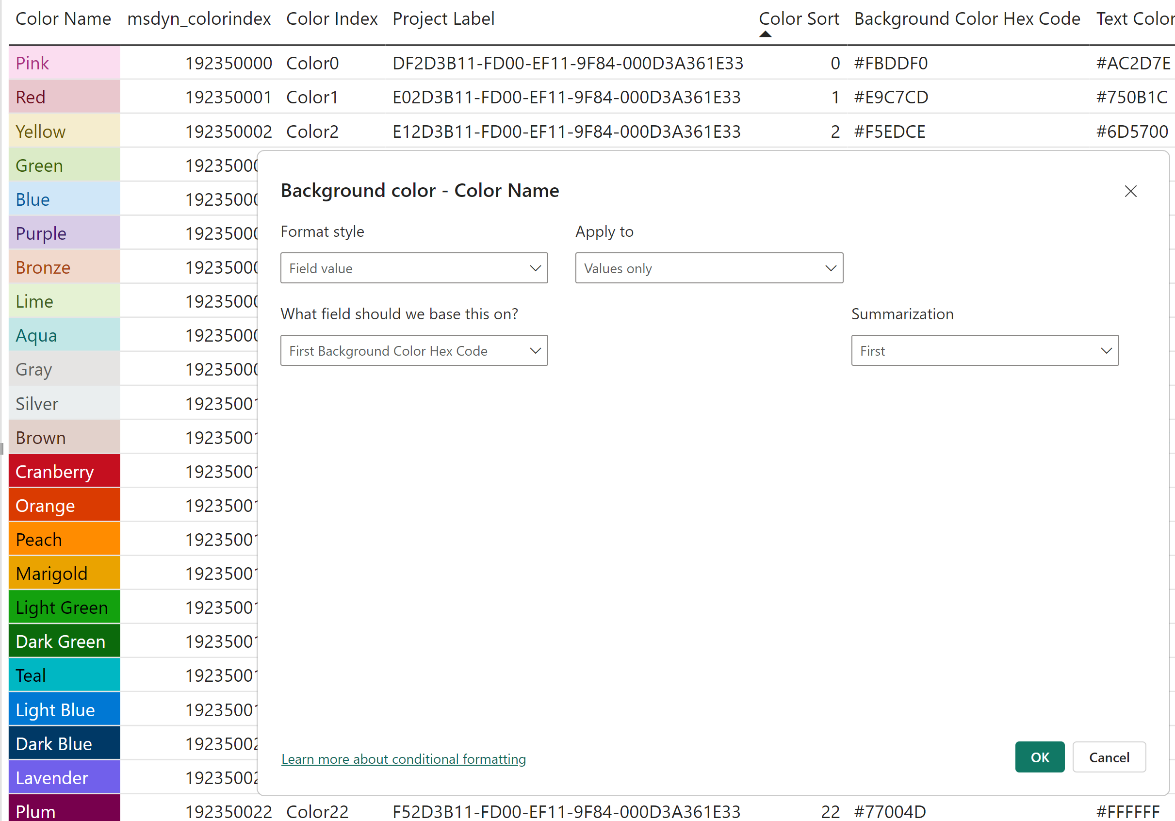 screenshot of conditional formatting settings