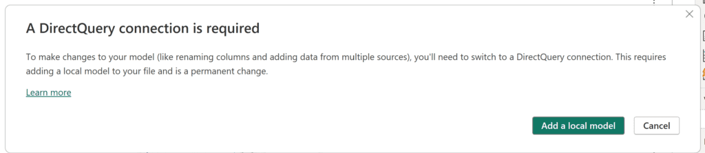 a DirectQuery connection is required error message screenshot
