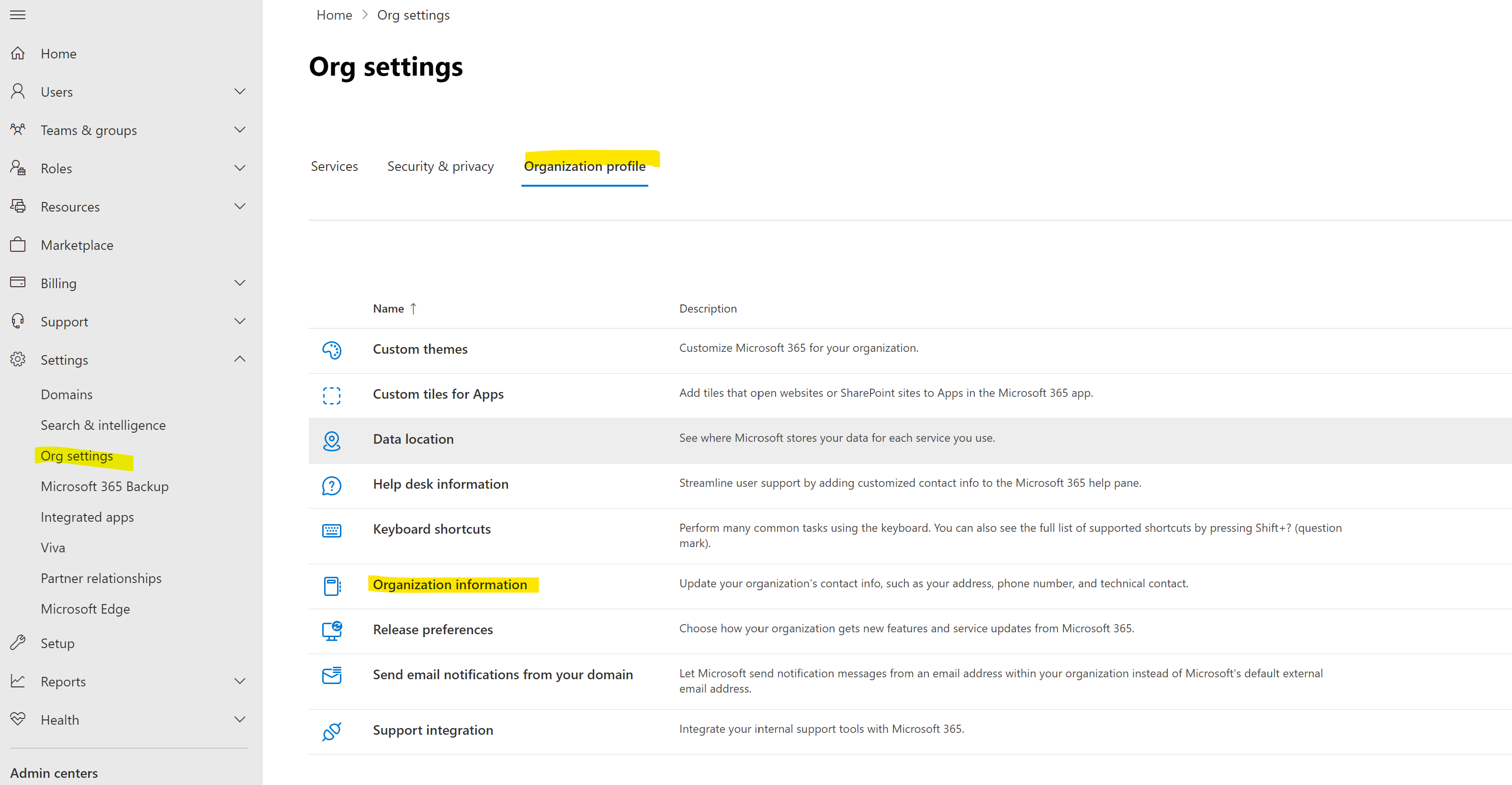 screenshot of org settings with organizational information highlighted