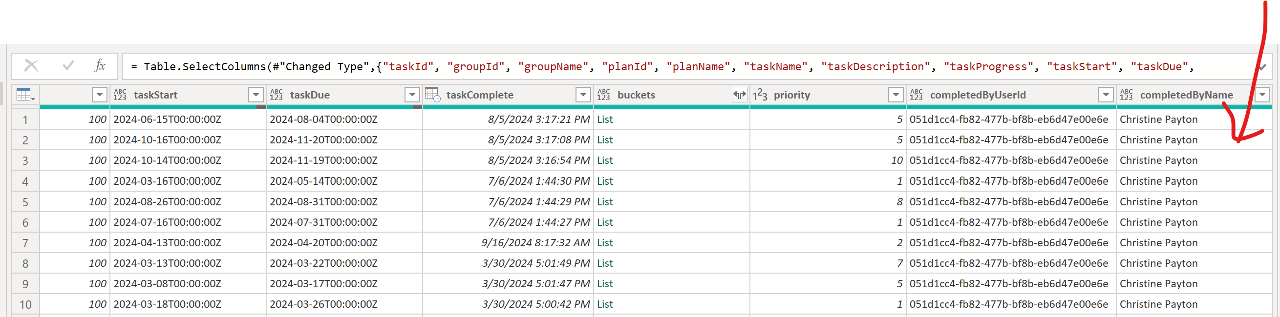 screenshot of completed by name data in power query