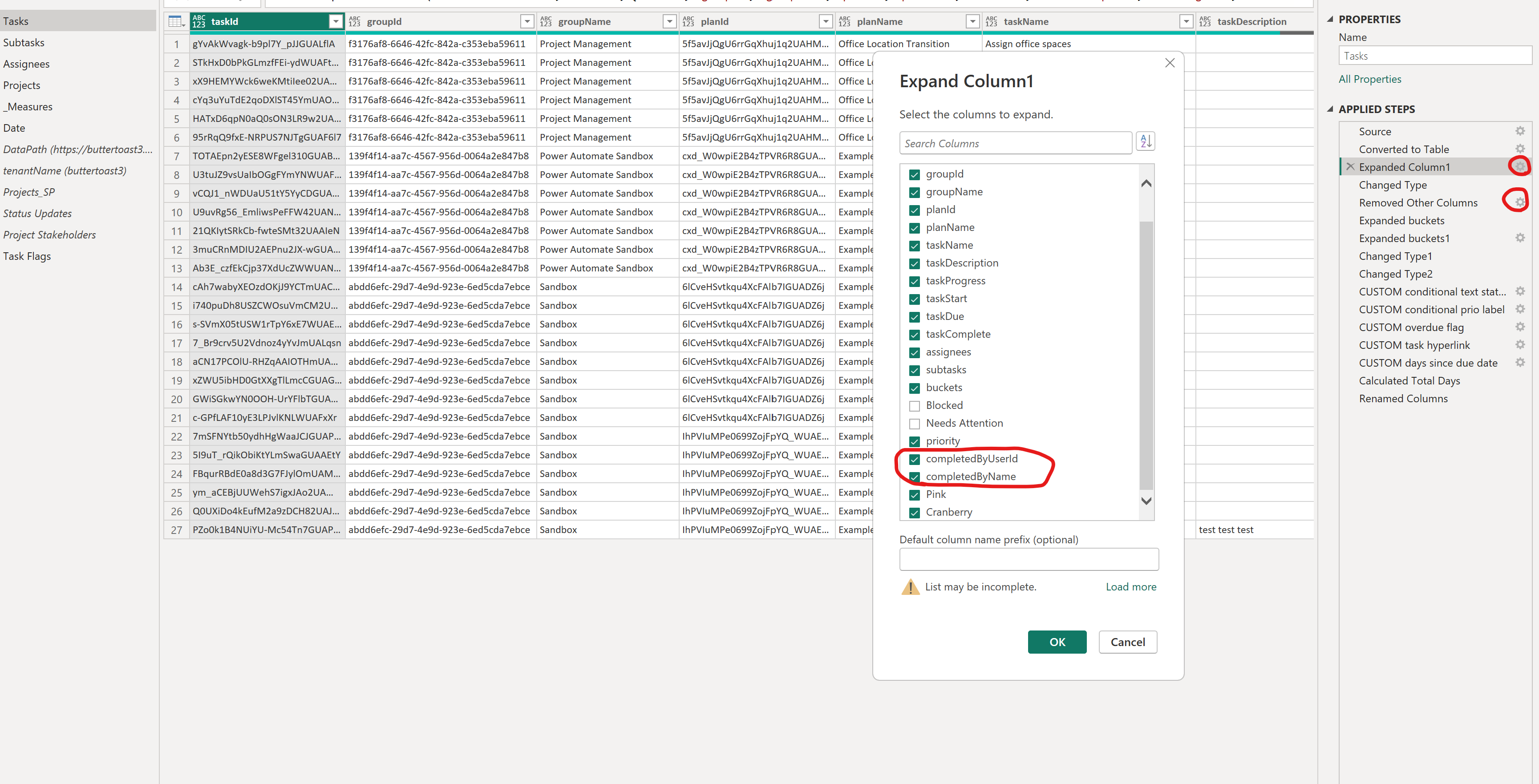 screenshot of power query expand column step