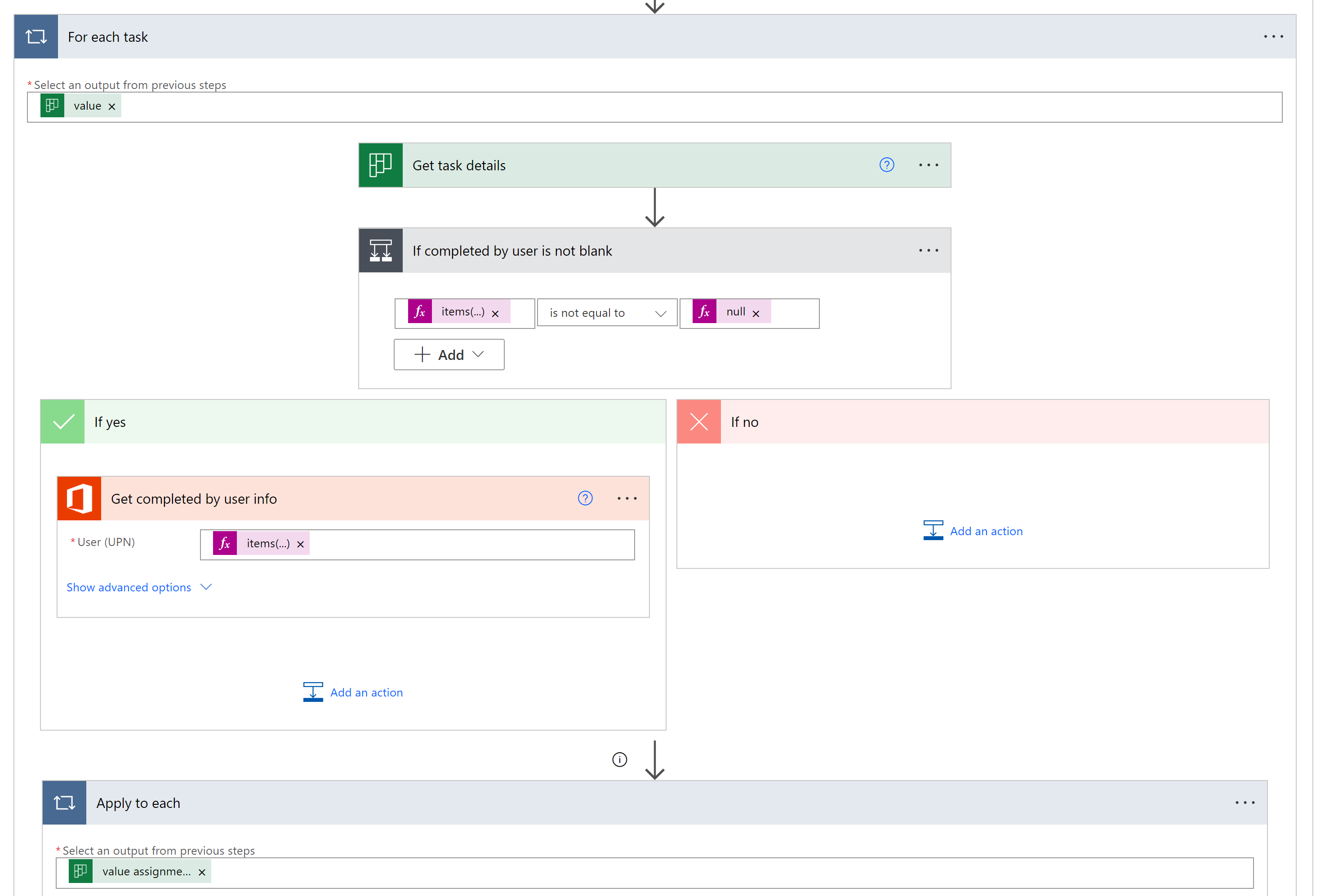 yes branch gets the completed-by user profile using the same expression