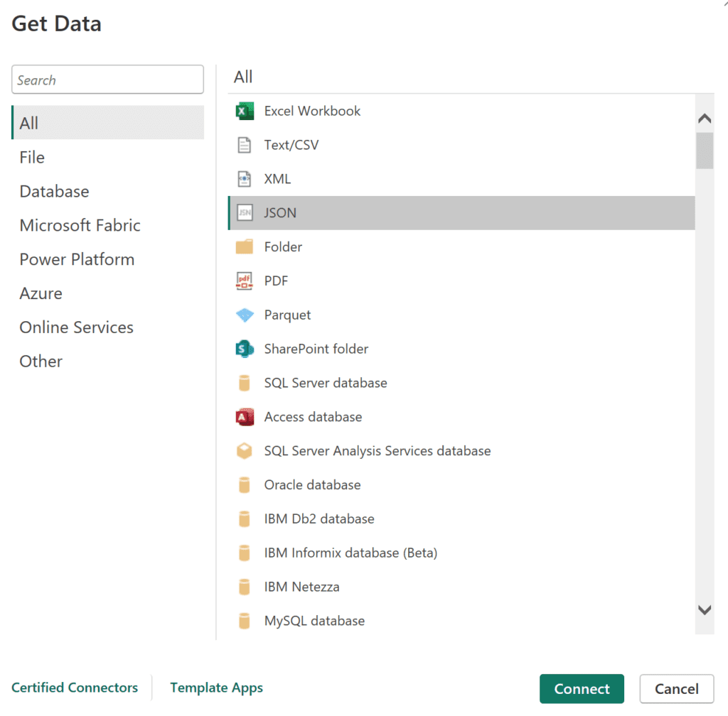 screenshot of import data window with JSON selected