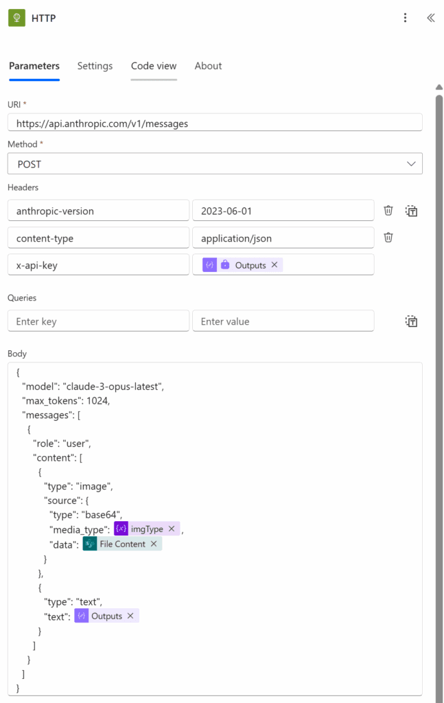 screenshot of http action